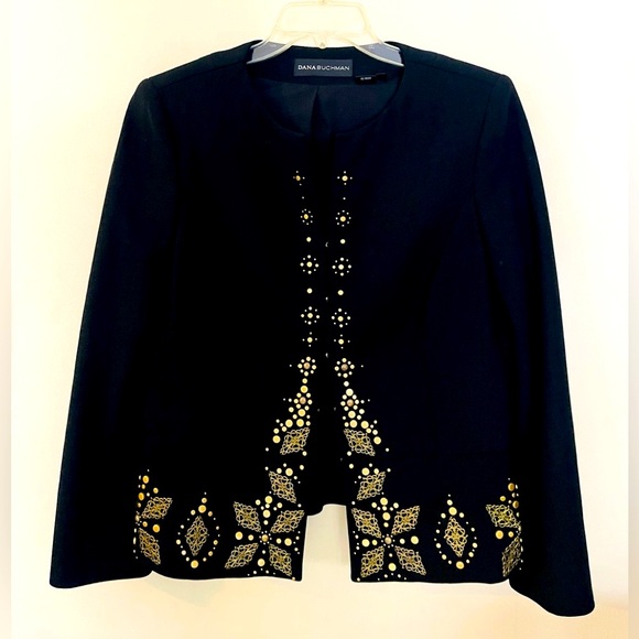 Dana Buchman Tailored Black Wool Blazer with Brass Metal Pattern Elegant - Picture 1 of 11